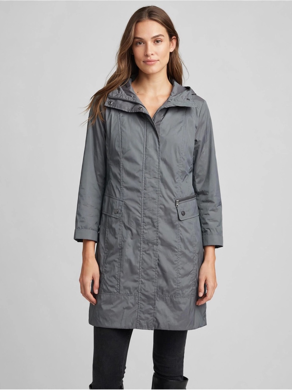 Cole Haan Hooded Long Raincoat in Gun Metal Gray